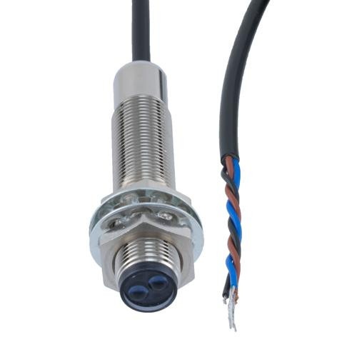 Photoelectric Sensor, M12 x 60mm, PNP NC, Diffuse Reflection 0.2 meter Range, 2 meter 3-wire Cable, IP67, Brass