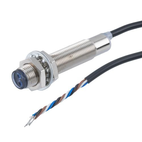 Photoelectric Sensor, M12 x 60mm, PNP NO+NC, Diffuse Reflection 0.2 meter Range, 2 meter 4-wire Cable, IP67, Brass
