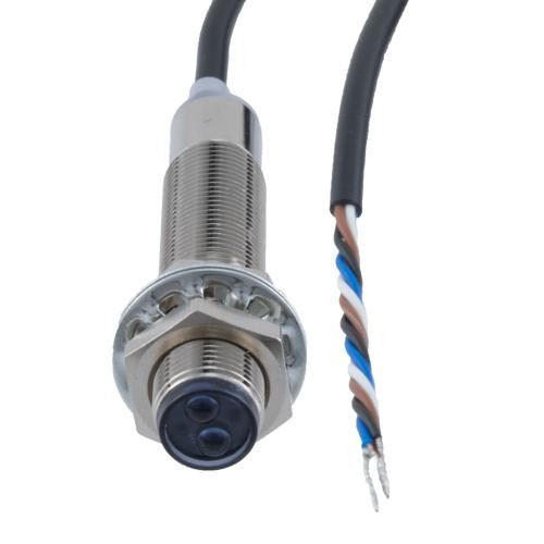 Photoelectric Sensor, M12 x 60mm, PNP NO+NC, Diffuse Reflection 0.2 meter Range, 2 meter 4-wire Cable, IP67, Brass