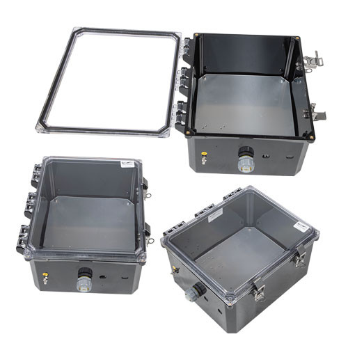 12x10x06 Polycarbonate Weatherproof Outdoor IP66 NEMA 4X Enclosure, Modified Base, Drilled Mount Clear Lid, Black