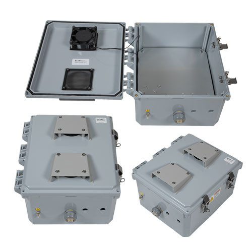 12x10x06 Polycarbonate Weatherproof Outdoor IP24 NEMA 3R Enclosure, 120VAC Mount Plate Mechanical Thermostat 85F Turn on Fan Dark Gray