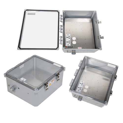 14x12x06 Polycarb Weatherproof NEMA 4X Enclosure, 120-240VAC Universal Outlet Mount Plate Clear Lid DKGY