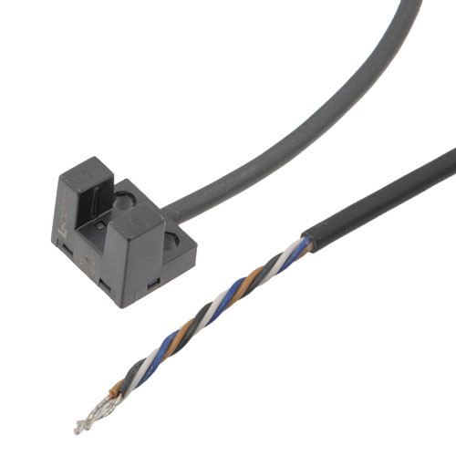 Micro Slot Sensor, L-shaped, L.on/D.on selectable, Light off when objects are detected, PNP NO+NC, Sensing distance 5mm,2m 4 wire cable
