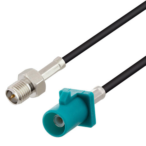 Water Blue FAKRA Plug to Reverse Polarity SMA Jack Cable Assembly using RG174 Coax, 6 FT