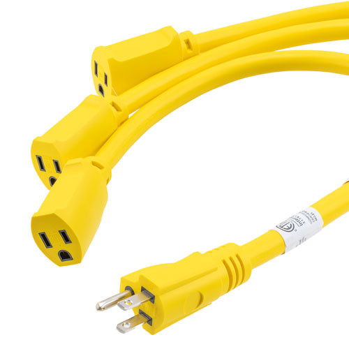 NEMA 5-15P to Triple NEMA 5-15R W Splitter Cable, 14 AWG, 6FT, Yellow