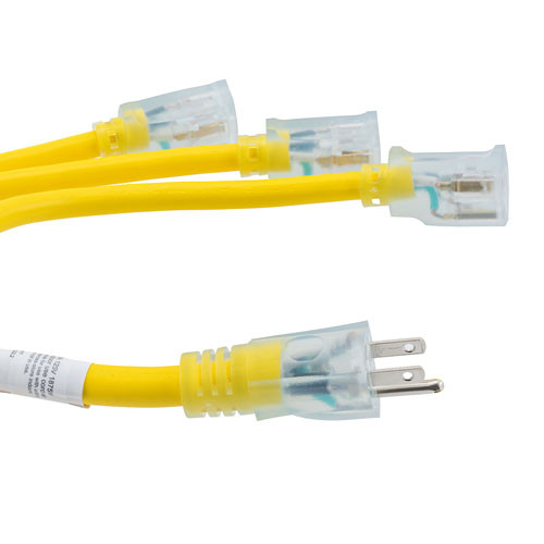 NEMA 5-15P to Triple NEMA 5-15R W Splitter Cable, 14 AWG, LED Connectors, 6FT, Yellow