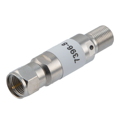 8 dB Fixed Attenuator 75 Ohm F Male to F Female Brass Tri-Metal Body Rated to 2 Watts Up to 3 GHz