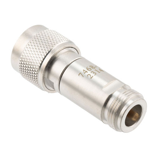 3 dB Fixed Attenuator N Male (Plug) to N Female (Jack) DC to 12 GHz Rated to 2 Watts, Brass Body, 1.35:1 VSWR