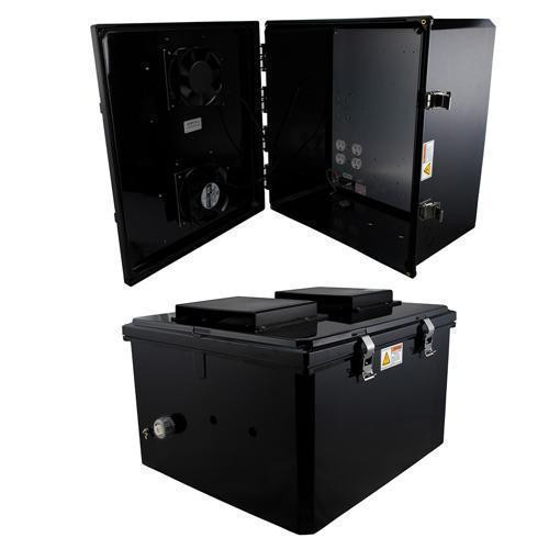 18x16x10 UL Listed Polycarbonate Weatherproof NEMA 3R IP24 Enclosure, 120 VAC Mount Plate, Solid State Thermostat Dual Fan, Black