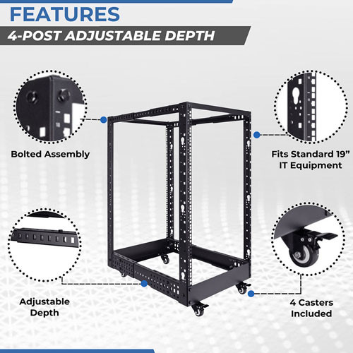 18U Adjustable Depth 4-Post Open Frame Rack with Casters