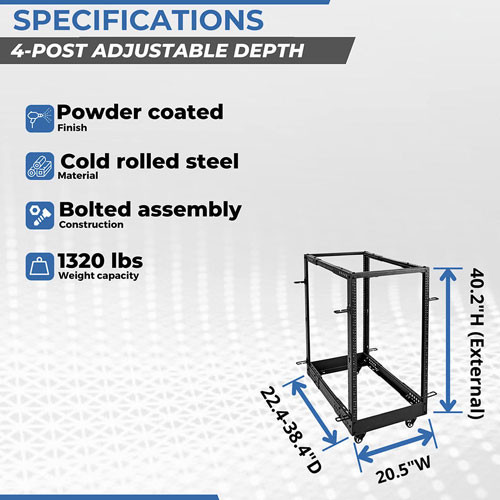 18U 4-Post Open Frame Server Rack, Adjustable Depth with Casters (12-24 Threaded)