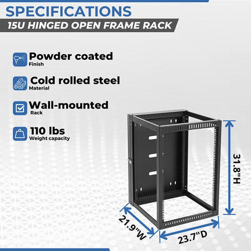 15U 22in Depth Hinged Open Frame Wall Mount Server Rack