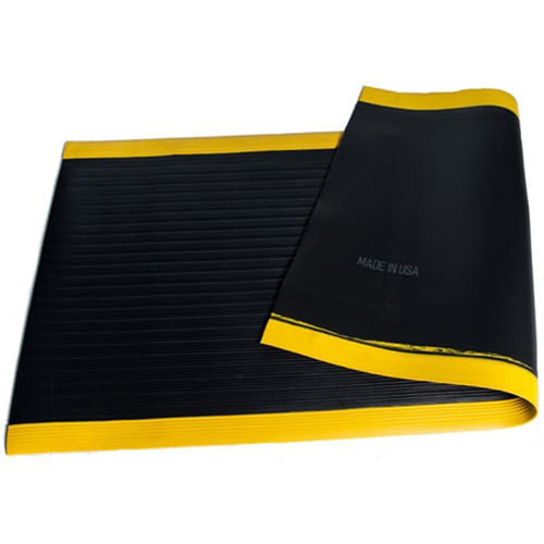 Bertech Anti Fatigue Mat, 3 Ft. x 12 Ft., 3/8 In. Thick, Ribbed, Black w/Yellow Border, Bev (Made in USA)