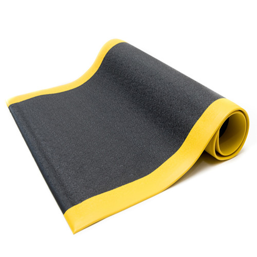 Bertech Anti Fatigue Mat, 3 Ft. x 5 Ft., 3/8 In. Thick, Textured, Black w/Yellow Border, Bev (Made in USA)