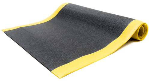 Bertech Anti Fatigue Mat, 4 Ft. x 60 Ft., 3/8 In. Thick, Textured, Black w/Yellow Border (Made in USA)