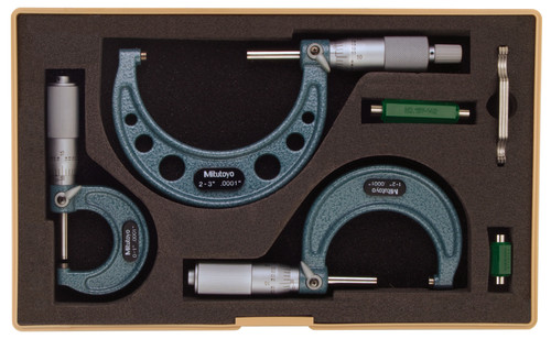 0-3 In,  .0001 In Mechanical Outside Micrometer Set, Hammertone Baked Enamel, 3 gages, with 2 standards