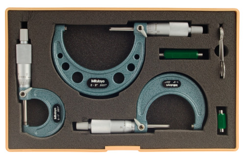 0-3 In,  .001 In Mechanical Outside Micrometer Set, Hammertone Baked Enamel, 3 gages, with 2 standards