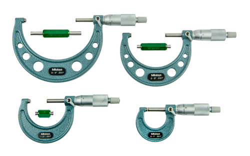 0-4 In,  .001 In Mechanical Outside Micrometer Set, Hammertone Baked Enamel, 4 gages, with 3 standards