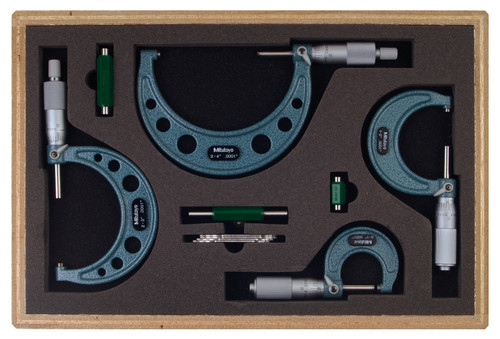 0-4 In,  .0001 In Mechanical Outside Micrometer Set, Hammertone Baked Enamel, 4 gages, with 3 standards