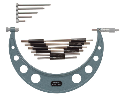 6-12 In, .001 In Interchangeable Anvil Mechanical Outside Micrometer, Ratchet Stop, 6 anvils, with 6 Standards