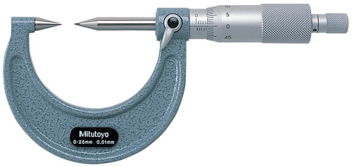 0-25mm, .01mm Mechanical Point Micrometer, 30 Degree Point, Carbide Steel Tip, Ratchet Stop
