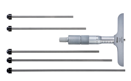 0-150mm, 0.01mm Mechanical Depth Micrometer, interchangeable rods, Rod Clamp, 63.5mm Base, Ratchet Stop