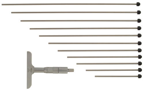 0-12 In, .001 In Mechanical Depth Micrometer, 12 interchangeable rods (1 In/25.4mm increments), Rod Clamp, 4 In Base, Ratchet Stop