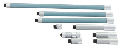Extension rods .5in, 1in, 2in (2pcs), 4in, 8in (2pcs.), 12 inches for Tubular inside micrometer, 2-40 inches Range, .5 inches travel of micrometer head