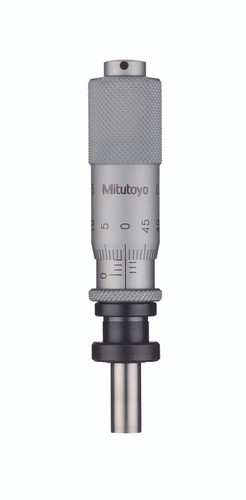 Micrometer Head, common type in small size, carbide-tipped spindle, 0-15mm, 2um accuracy, 9.5 stem diameter, clamp nut stem with spindle lock, flat (carbide tip) spherical face, spindle lock