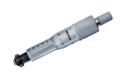 Micrometer Head, common type in middle size, 0-25mm range, 2um accuracy, 10mm stem diameter, clamp nut stem, flat carbide tip spindle face, reverse reading
