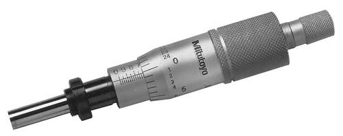 Micrometer Head, common type in middle size, 0-1 inch range, .0001 inch accuracy, .375 inch stem diameter, clamp nut stem, flat carbide tip spindle face, reverse reading , 150-832