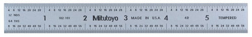 6 In, 4R Steel Rule, 3/4 In  Wide, Rigid, Satin Chrome Finish Tempered Stainless Steel, (1/8, 1/16, 1/32, 1/64)