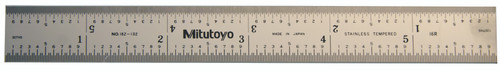 6 In, 16R Steel Rule, 3/4 In  Wide, Rigid, Satin Chrome Finish Tempered Stainless Steel, (1/32, 1/64, 1/50, 1/100)