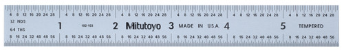 6 In, 5R Steel Rule, 3/4 In  Wide, Rigid, Satin Chrome Finish Tempered Stainless Steel, (1/32, 1/64, 1/10, 1/100)