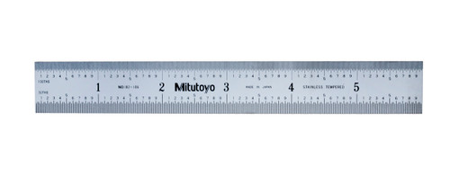 6 In, 150mm Steel Rule, 3/4 In  Wide, Rigid, Satin Chrome Finish Tempered Stainless Steel, (1/50, 1/100, 1mm, 0.5mm)