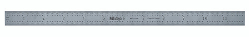 12 In, 5R Steel Rule, 1 In  Wide, Rigid, Satin Chrome Finish Tempered Stainless Steel, (1/32, 1/64, 1/10, 1/100)