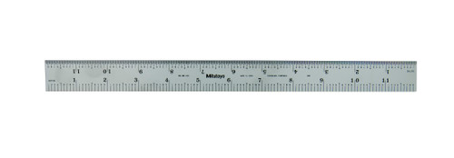 12 In, 3R Steel Rule, 1 In  Wide, Rigid, Satin Chrome Finish Tempered Stainless Steel, (1/32, 1/64, 1/10, 1/50)