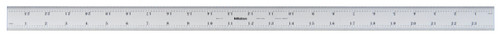 24 In, 600mm Steel Rule, 13/16 In  Wide, Rigid, Satin Chrome Finish Tempered Stainless Steel, (1/32, 1/64, 1mm, 0.5mm)