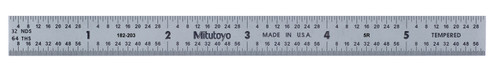 6 In, 5R Steel Rule, 1/2 In  Wide, Flexible, Satin Chrome Finish Tempered Stainless Steel, (1/32, 1/64, 1/10, 1/100)