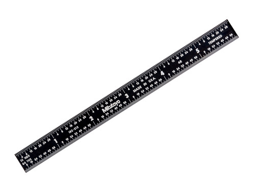 6 In, 4R Steel Rule, 1/2 In  Wide, Flexible, Black Chrome Finish tempered Stainless Steel, (1/8, 1/16, 1/32, 1/64)
