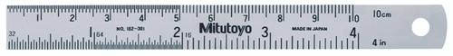 4 In, 100mm Steel Rule, 5/8 In  Wide, One-side, Semi-flexible, Satin Chrome Finish Tempered Stainless Steel, (1/16, 1/32, 1/64, 1mm, 0.5mm)