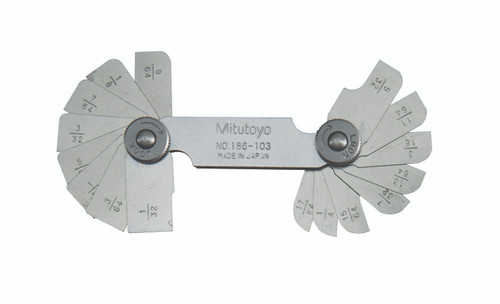 1/32-17/64 In, Concave/Convex Radius Gage Set, 16 Pairs of Leaves (1/32 In to 17/64 In by 64ths), Locking Clamp