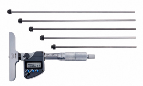 0-6 In/0-152.4, .00005 In/0.001mm Digimatic Depth Micrometer, 6 interchangeable rods (1 In/25.4mm increments), Rod Clamp, 4 In Base, With SPC Data Output, Ratchet Stop