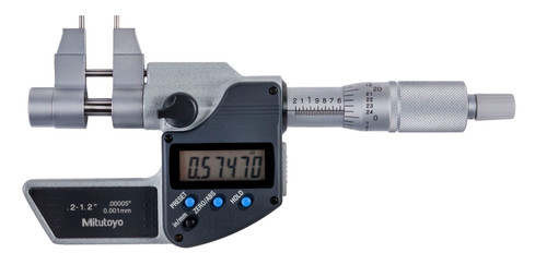 .2-1.2 In/5-30mm, .00005 In/0.001mm Digimatic Caliper Jaw Type Micrometer, Carbide Steel Tip, Locking Clamp, With SPC Data Output, Ratchet Stop