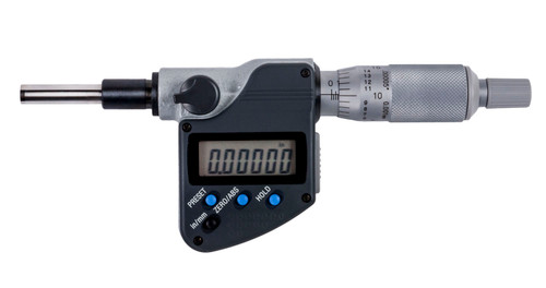 0-1 In/0-25.4mm, .00005 In/0.001mm, Digimatic Micrometer Head, .375 In Diameter Plain Stem, Flat Carbide Tipped Spindle Face, With SPC Data Output, Ratchet Stop