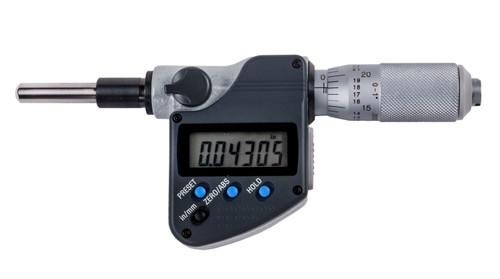 0-1 In/0-25.4mm, .00005 In/0.001mm, IP65 Digimatic Micrometer Head, .375 In Diameter Plain Stem, Spherical (SR4) Spindle Face, With SPC Data Output