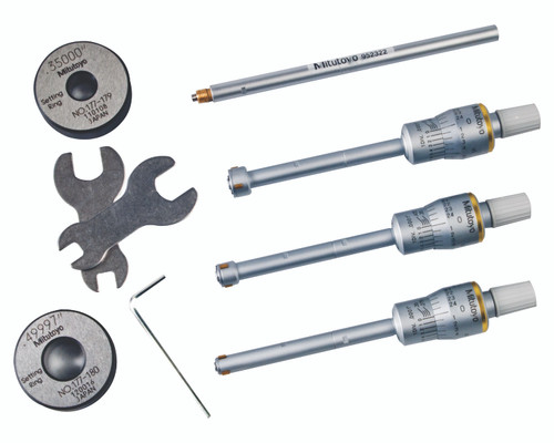 Holtest, 3-point/2-point internal micrometer, .275-.5 in range, .275-.35 in,.35-.425 in, .425-.5 in individual range, setting rings included (.35 diameter, .5in diameter), with extension rod and TiN-coated contact points