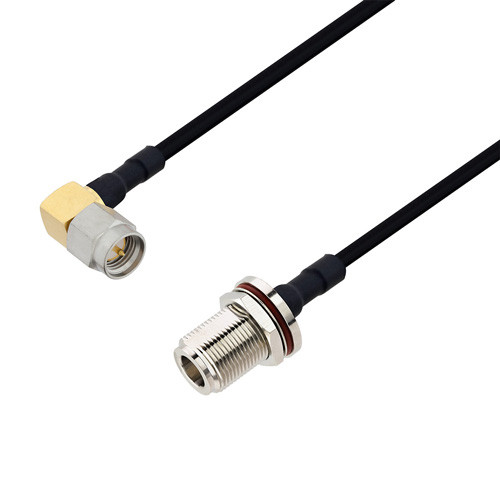 SMA Male Right Angle to N Female Bulkhead Cable Assembly using LC141TBJ Coax, 1.5 FT