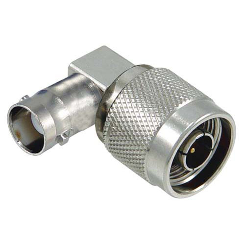 Coaxial 50 Ohm Right Angle Adapter, BNC Female / N-Male