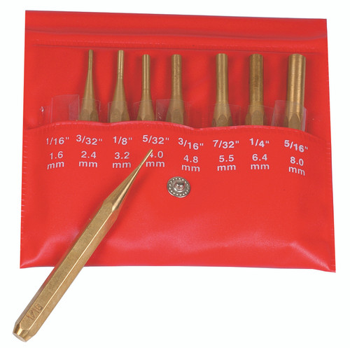 4 In Drive Pin Punch Set, Brass, 8 pieces (1/16, 3/32, 1/8, 5/32, 3/16, 7/32, 1/4, 5/16)